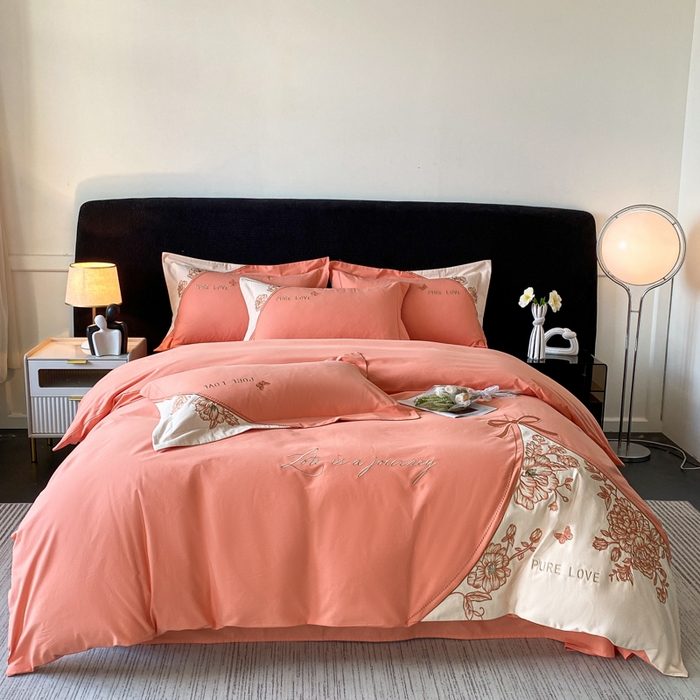 91家纺网 家纺一手货源 找家纺 欣宜家纺 2025新款纯棉全棉长绒棉磨毛不掉毛四件套高端礼盒-罗德岛系列 爱玛橙