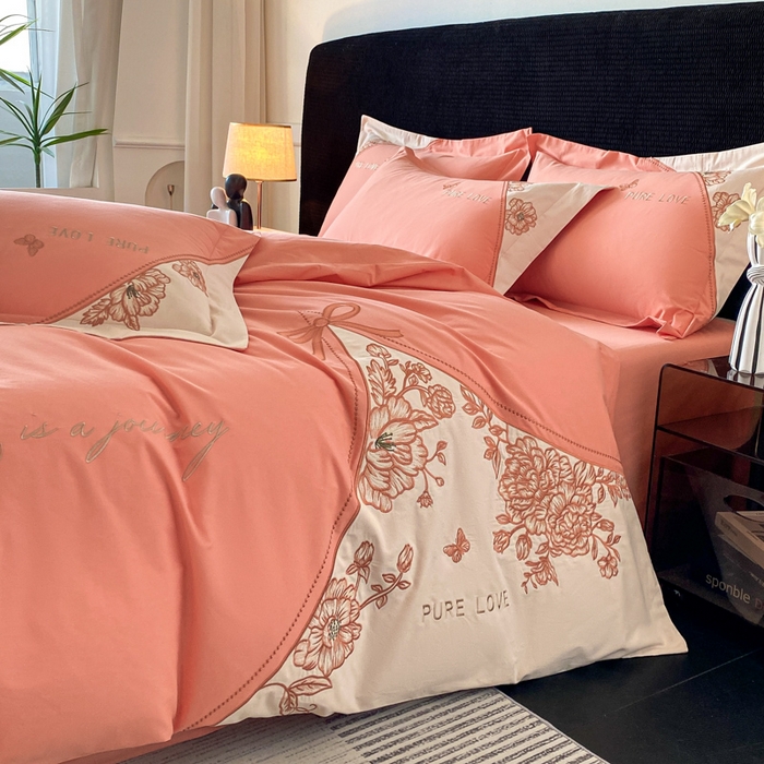 91家纺网 家纺一手货源 找家纺 欣宜家纺 2025新款纯棉全棉长绒棉磨毛不掉毛四件套高端礼盒-罗德岛系列 爱玛橙