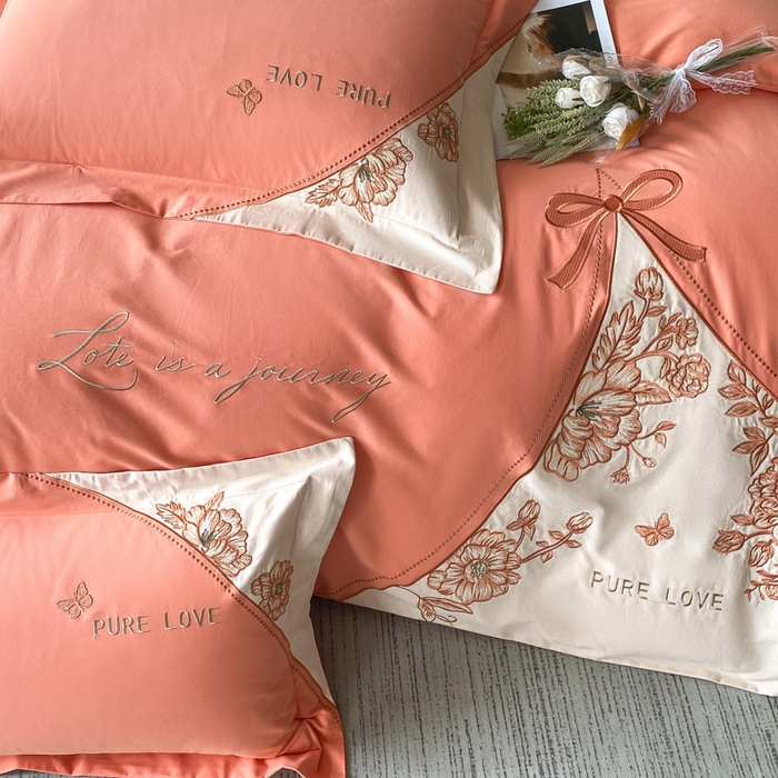 91家纺网 家纺一手货源 找家纺 欣宜家纺 2025新款纯棉全棉长绒棉磨毛不掉毛四件套高端礼盒-罗德岛系列 爱玛橙