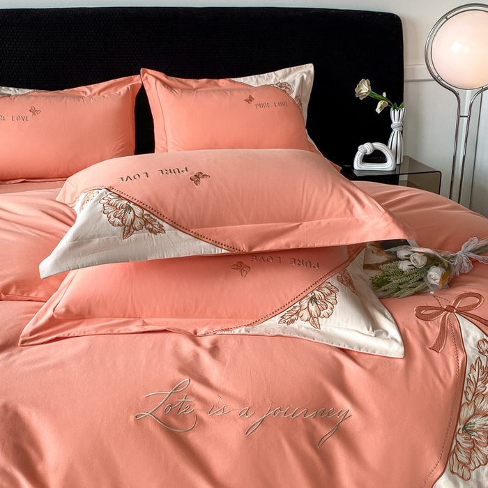 91家纺网 家纺一手货源 找家纺 欣宜家纺 2025新款纯棉全棉长绒棉磨毛不掉毛四件套高端礼盒-罗德岛系列 爱玛橙