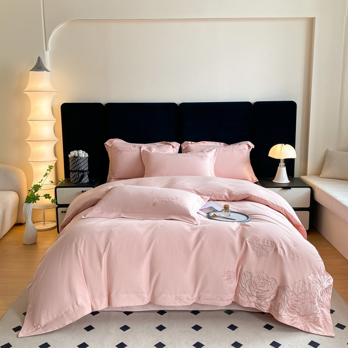 欣宜家纺 2025新款纯棉全棉长绒棉磨毛不掉毛刺绣绣花四件套-赫尔系列 轻奢粉