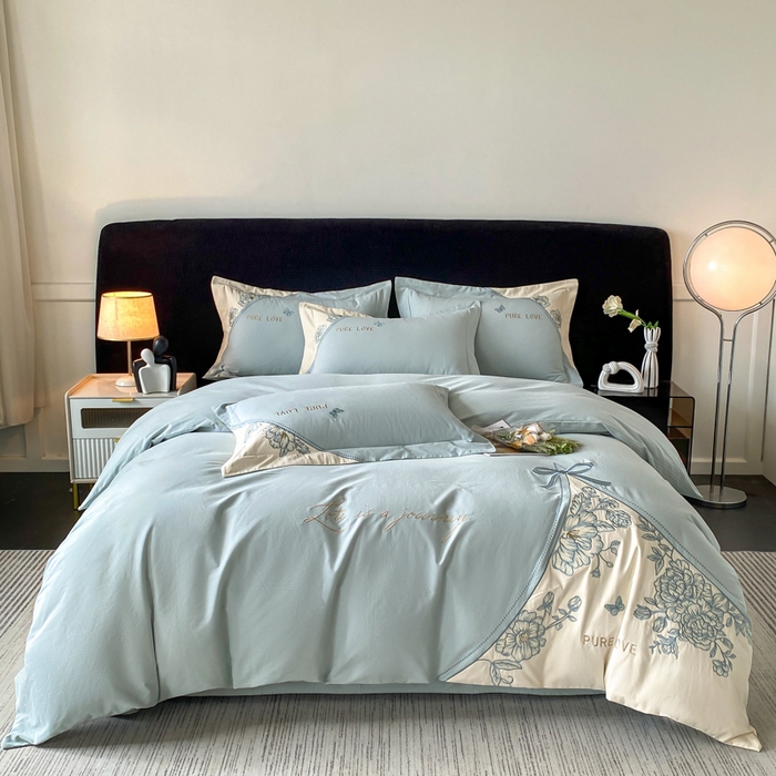 欣宜家纺 2025新款纯棉全棉长绒棉磨毛不掉毛四件套高端礼盒-罗德岛系列 飘蓝