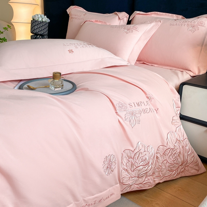 91家纺网 家纺一手货源 找家纺 欣宜家纺 2025新款纯棉全棉长绒棉磨毛不掉毛刺绣绣花四件套-赫尔系列 轻奢粉