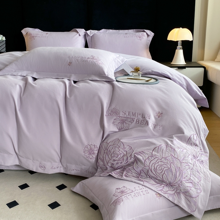 91家纺网 家纺一手货源 找家纺 欣宜家纺 2025新款纯棉全棉长绒棉磨毛不掉毛刺绣绣花四件套-赫尔系列 香芋紫