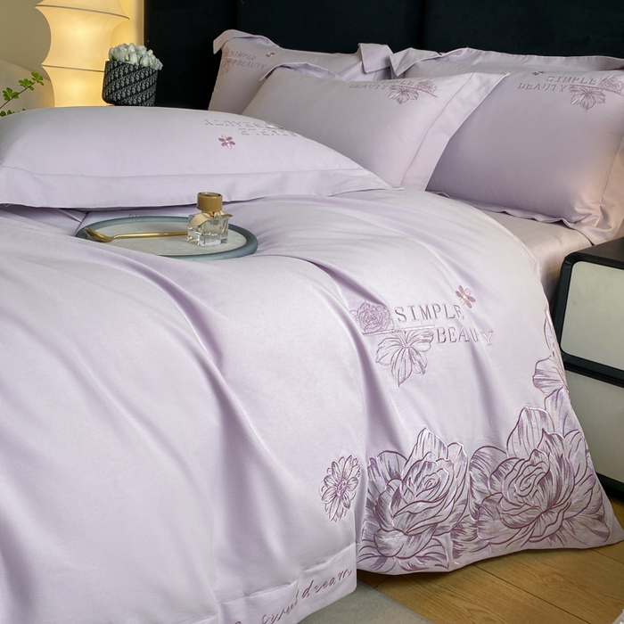 91家纺网 家纺一手货源 找家纺 欣宜家纺 2025新款纯棉全棉长绒棉磨毛不掉毛刺绣绣花四件套-赫尔系列 香芋紫