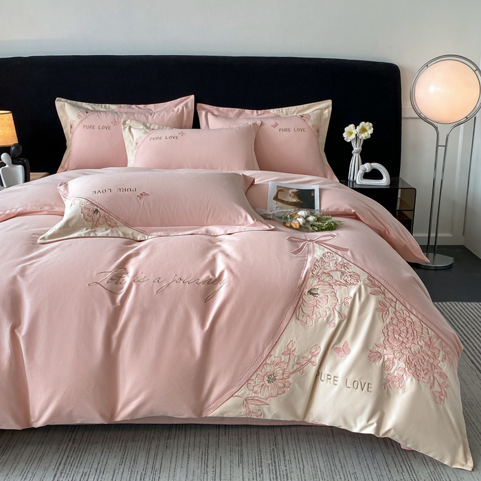 91家纺网 家纺一手货源 找家纺 欣宜家纺 2025新款纯棉全棉长绒棉磨毛不掉毛四件套高端礼盒-罗德岛系列 轻奢粉