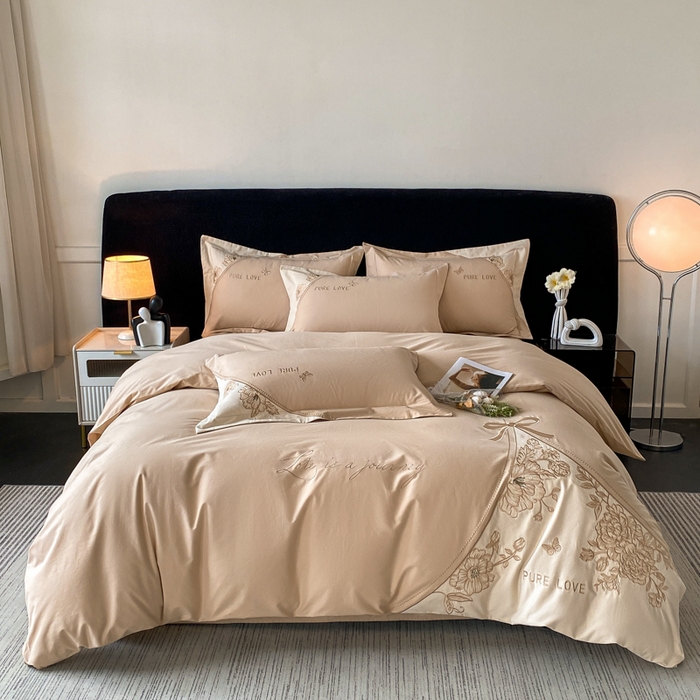 欣宜家纺 2025新款纯棉全棉长绒棉磨毛不掉毛四件套高端礼盒-罗德岛系列 香槟