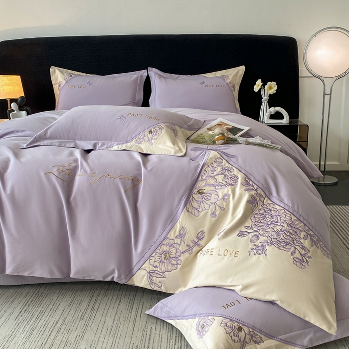 91家纺网 家纺一手货源 找家纺 欣宜家纺 2025新款纯棉全棉长绒棉磨毛不掉毛四件套高端礼盒-罗德岛系列 香芋紫