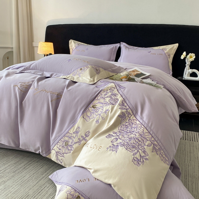 91家纺网 家纺一手货源 找家纺 欣宜家纺 2025新款纯棉全棉长绒棉磨毛不掉毛四件套高端礼盒-罗德岛系列 香芋紫