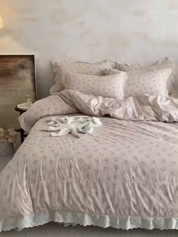 91家纺网 家纺一手货源 找家纺 源舜家纺 2026新款全棉镂空花边天丝棉麻床盖款四件套 花语禾