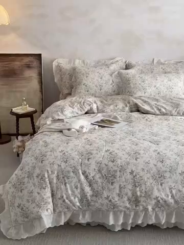 91家纺网 家纺一手货源 找家纺 源舜家纺 2026新款全棉镂空花边天丝棉麻床盖款四件套 静姝