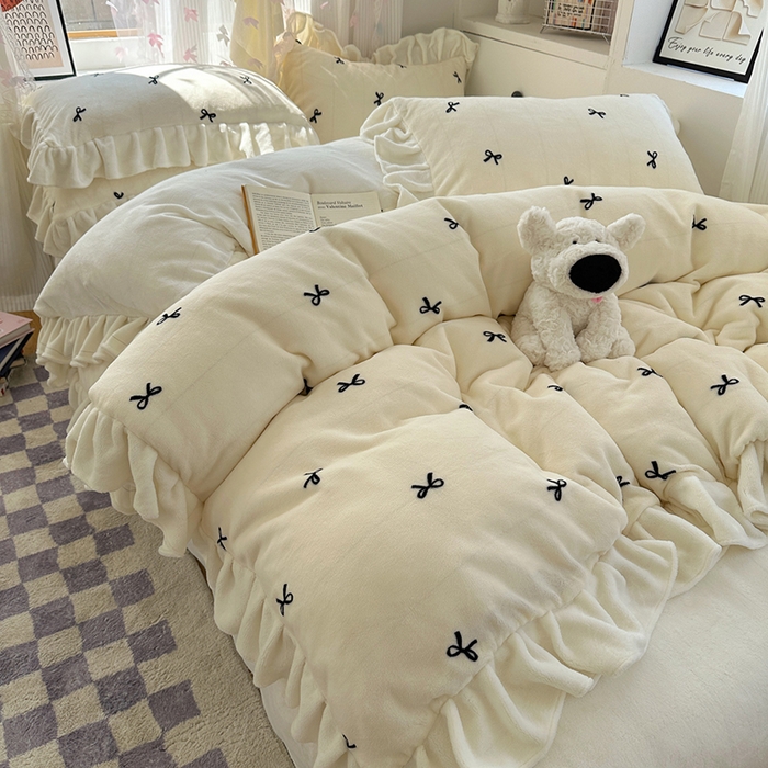 欣宜家纺 2025新款韩版蝴蝶结花边款牛奶绒四件套 蝴蝶结-奶白