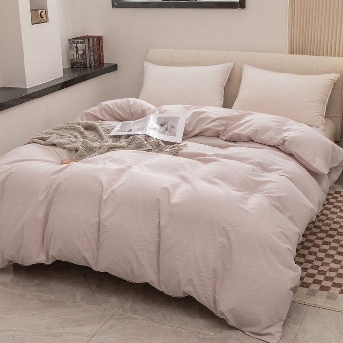 91家纺网 家纺一手货源 找家纺 柠萌家居 2026新款色织水洗棉四件套单被套 粉极细条