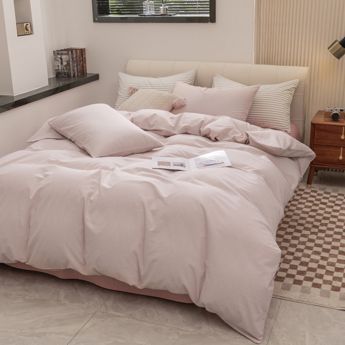 91家纺网 家纺一手货源 找家纺 柠萌家居 2026新款色织水洗棉四件套单被套 粉极细条