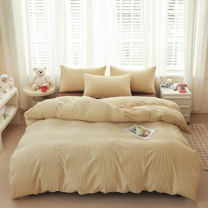 柠萌家居 2026新款色织水洗棉四件套单被套 黄咖条