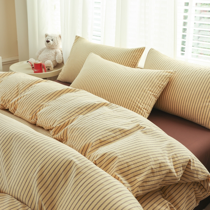 91家纺网 家纺一手货源 找家纺 柠萌家居 2026新款色织水洗棉四件套单被套 黄咖条