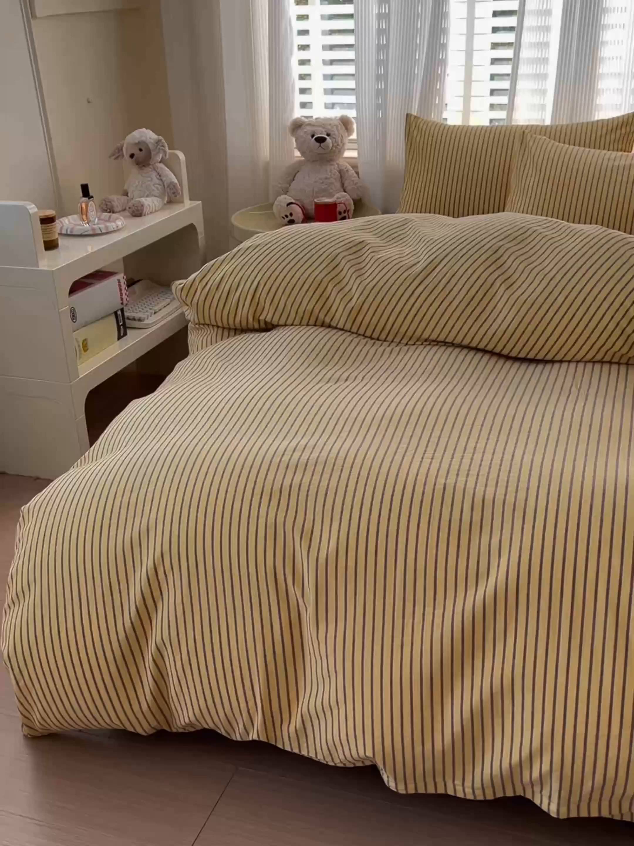 91家纺网 家纺一手货源 找家纺 柠萌家居 2026新款色织水洗棉四件套单被套 黄咖条