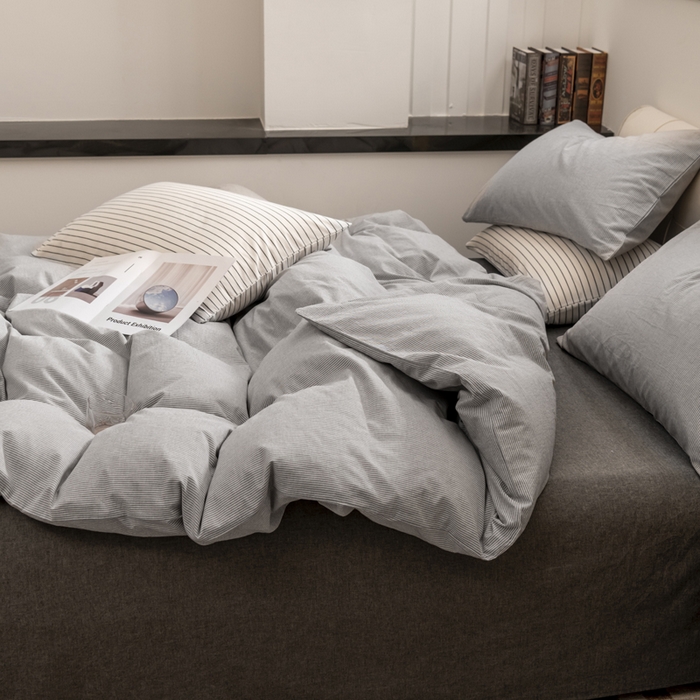 91家纺网 家纺一手货源 找家纺 柠萌家居 2026新款色织水洗棉四件套单被套 灰极细条