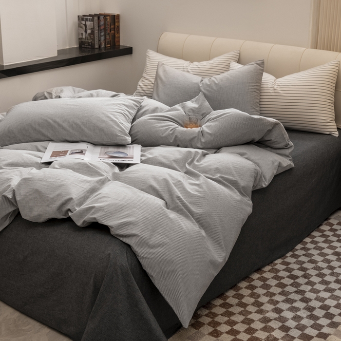 91家纺网 家纺一手货源 找家纺 柠萌家居 2026新款色织水洗棉四件套单被套 灰极细条