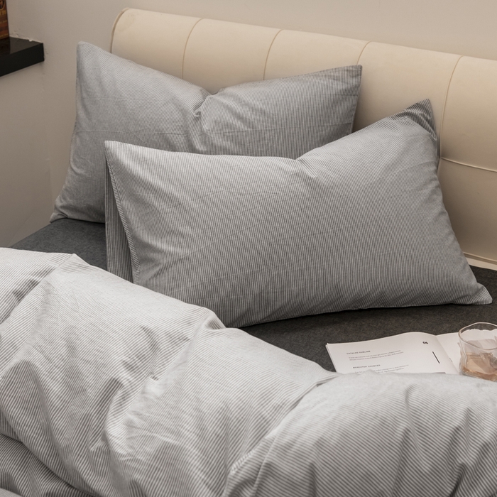 91家纺网 家纺一手货源 找家纺 柠萌家居 2026新款色织水洗棉四件套单被套 灰极细条