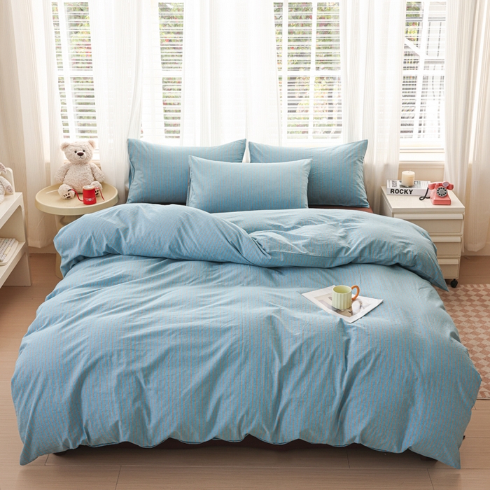 柠萌家居 2026新款色织水洗棉四件套单被套 蓝咖条