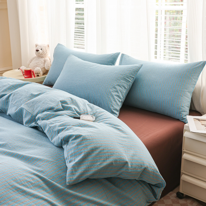 91家纺网 家纺一手货源 找家纺 柠萌家居 2026新款色织水洗棉四件套单被套 蓝咖条
