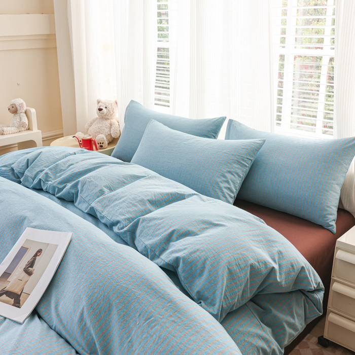 91家纺网 家纺一手货源 找家纺 柠萌家居 2026新款色织水洗棉四件套单被套 蓝咖条