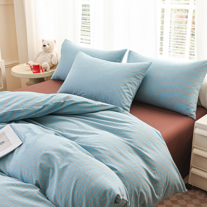 91家纺网 家纺一手货源 找家纺 柠萌家居 2026新款色织水洗棉四件套单被套 蓝咖条