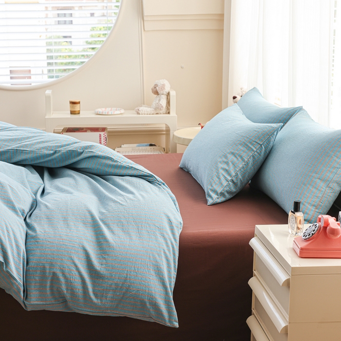 91家纺网 家纺一手货源 找家纺 柠萌家居 2026新款色织水洗棉四件套单被套 蓝咖条