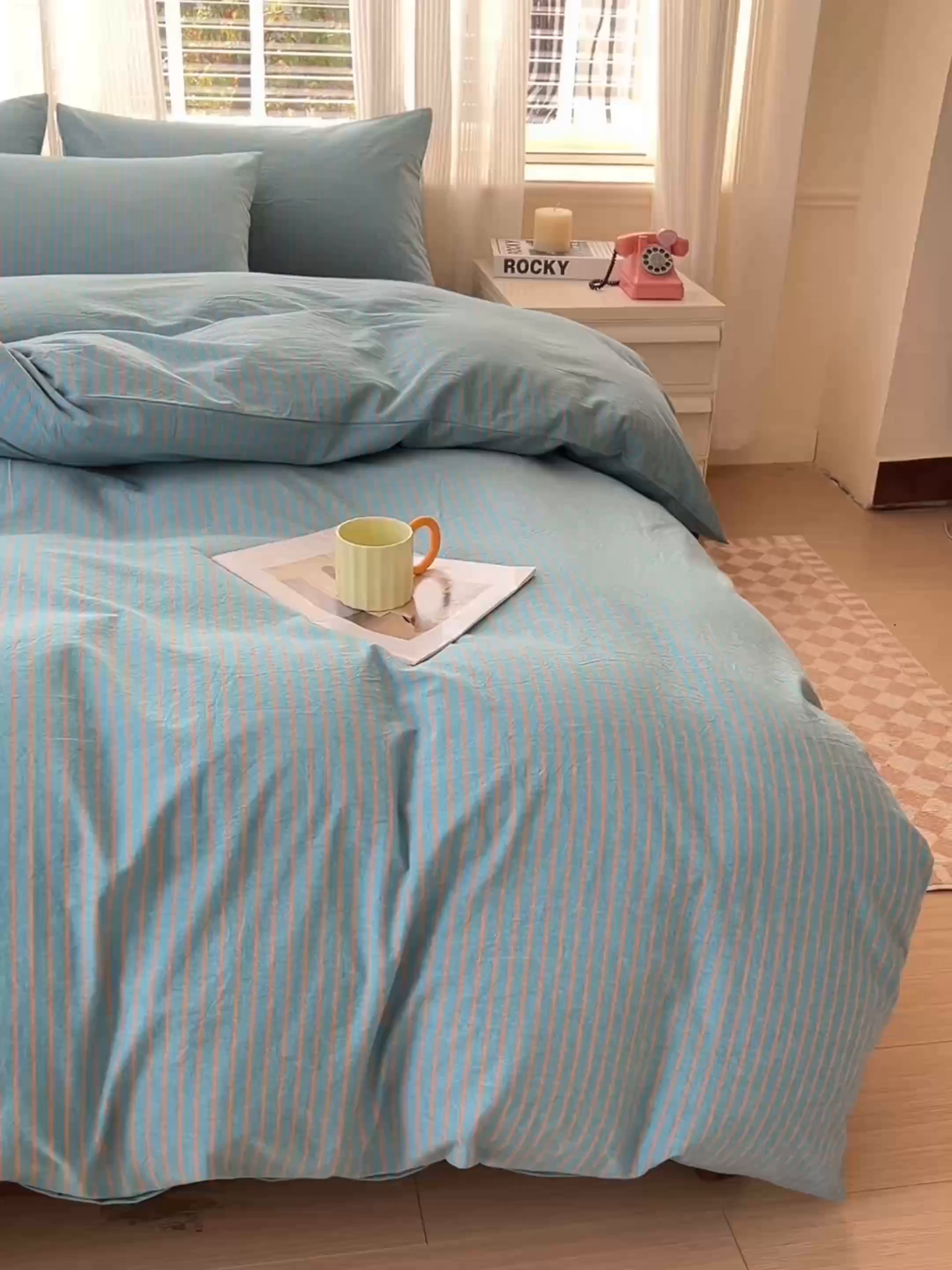 91家纺网 家纺一手货源 找家纺 柠萌家居 2026新款色织水洗棉四件套单被套 蓝咖条