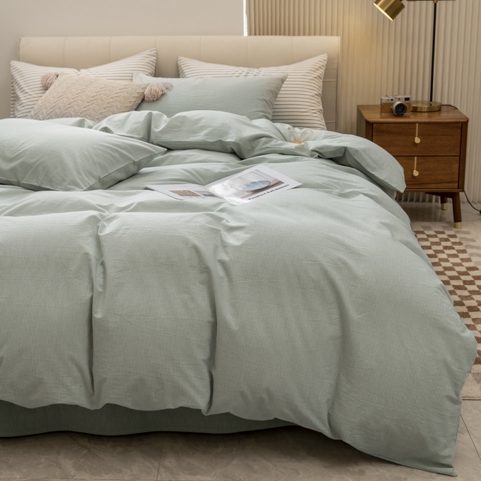 91家纺网 家纺一手货源 找家纺 柠萌家居 2026新款色织水洗棉四件套单被套 绿极细条