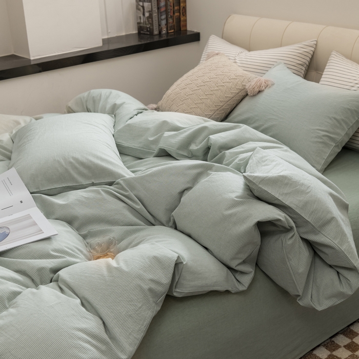 91家纺网 家纺一手货源 找家纺 柠萌家居 2026新款色织水洗棉四件套单被套 绿极细条