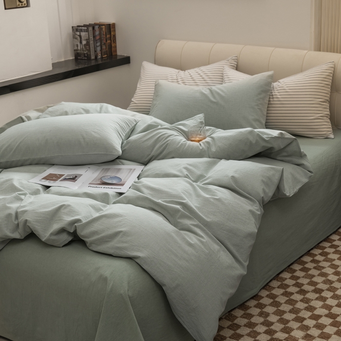 91家纺网 家纺一手货源 找家纺 柠萌家居 2026新款色织水洗棉四件套单被套 绿极细条