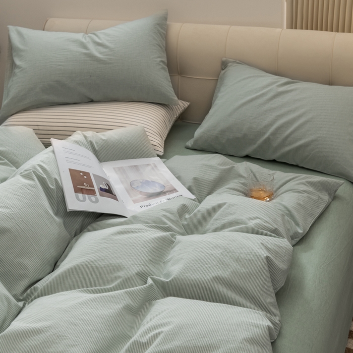 91家纺网 家纺一手货源 找家纺 柠萌家居 2026新款色织水洗棉四件套单被套 绿极细条