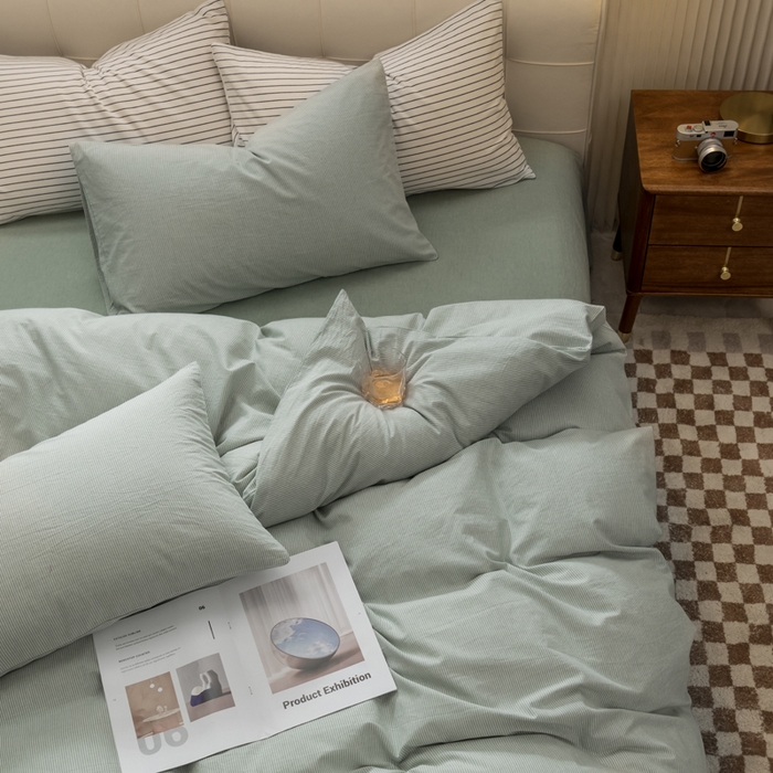 91家纺网 家纺一手货源 找家纺 柠萌家居 2026新款色织水洗棉四件套单被套 绿极细条