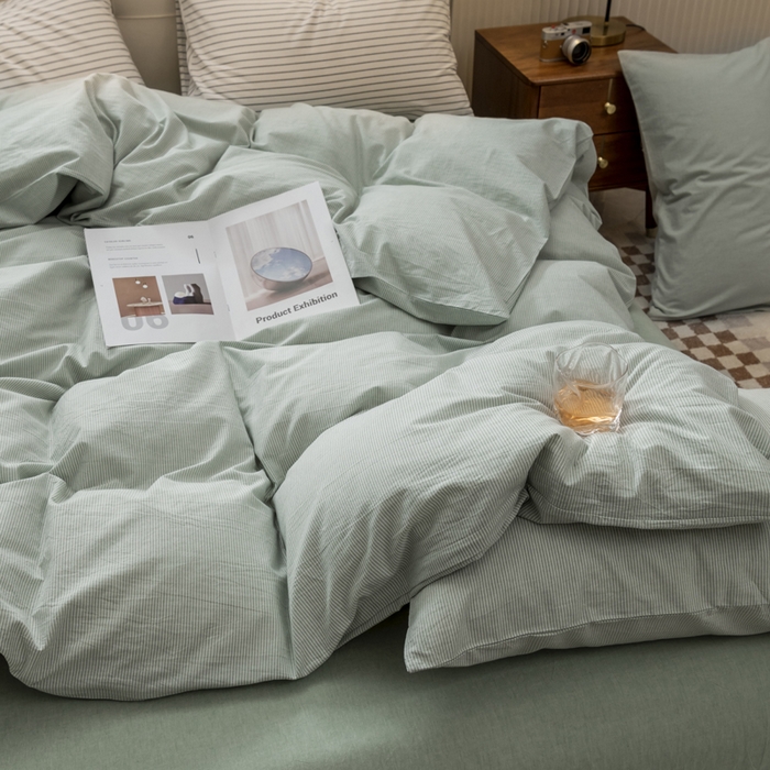 91家纺网 家纺一手货源 找家纺 柠萌家居 2026新款色织水洗棉四件套单被套 绿极细条