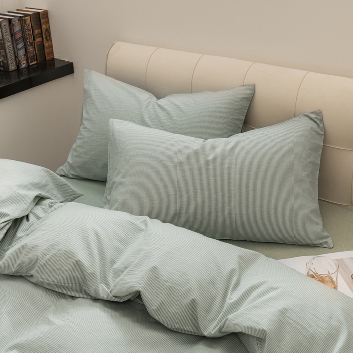 91家纺网 家纺一手货源 找家纺 柠萌家居 2026新款色织水洗棉四件套单被套 绿极细条