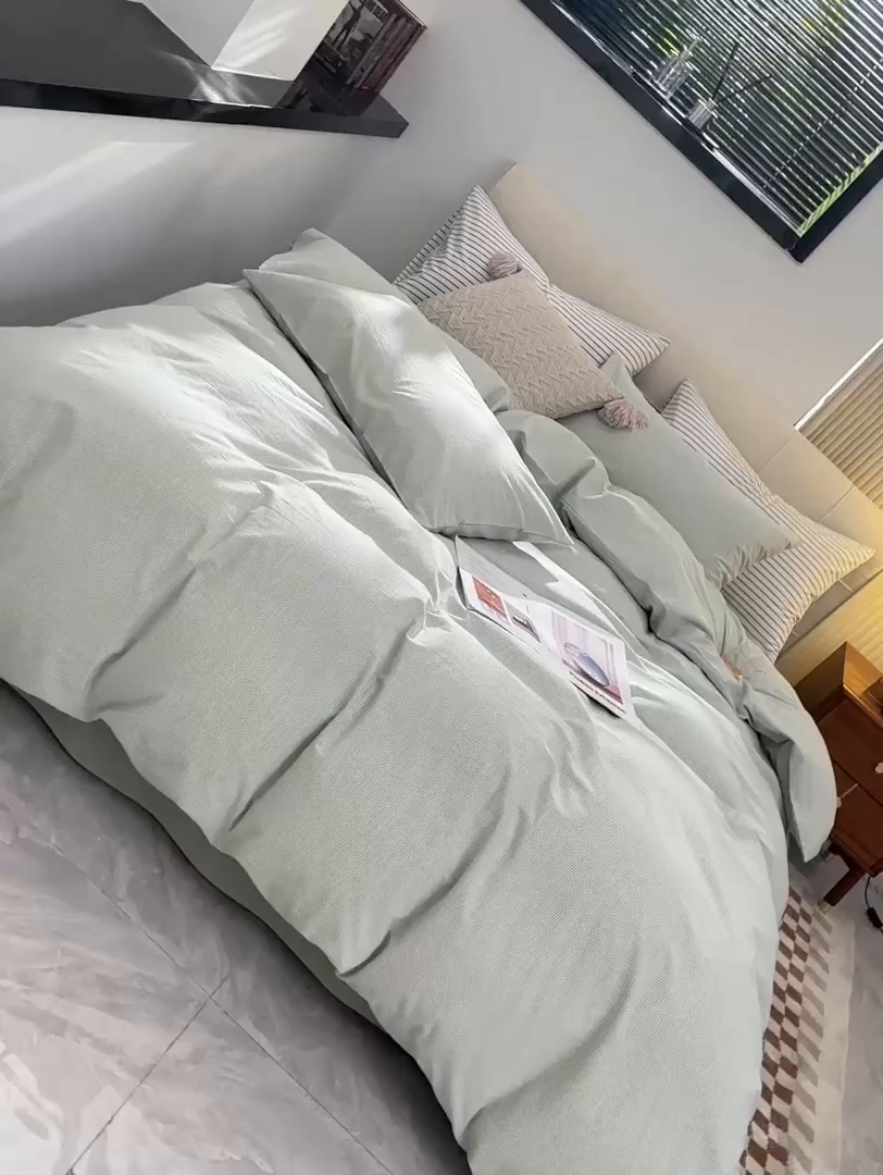 91家纺网 家纺一手货源 找家纺 柠萌家居 2026新款色织水洗棉四件套单被套 绿极细条