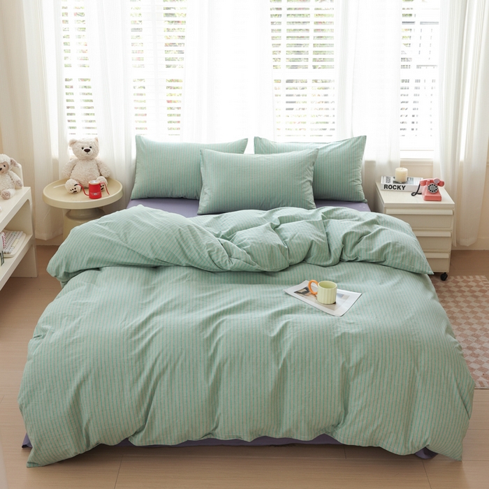 柠萌家居 2026新款色织水洗棉四件套单被套 绿紫条