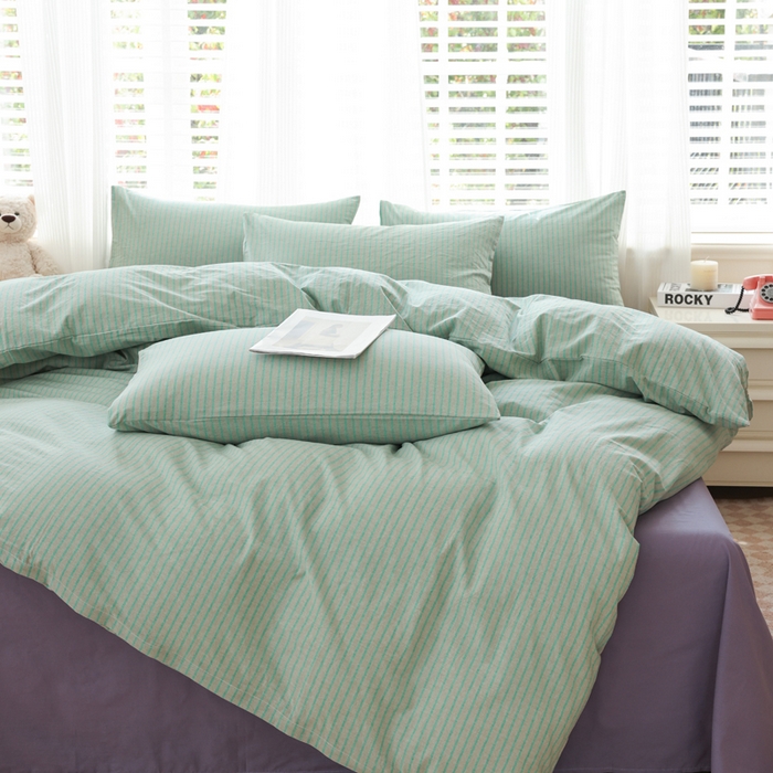 91家纺网 家纺一手货源 找家纺 柠萌家居 2026新款色织水洗棉四件套单被套 绿紫条