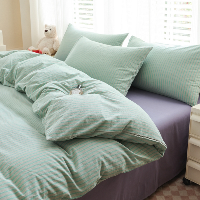 91家纺网 家纺一手货源 找家纺 柠萌家居 2026新款色织水洗棉四件套单被套 绿紫条
