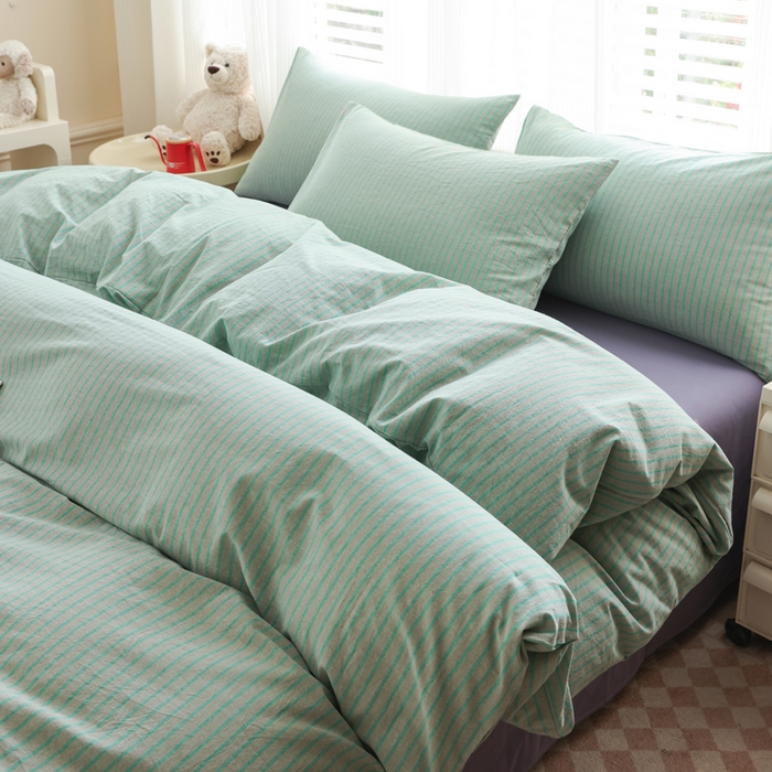 91家纺网 家纺一手货源 找家纺 柠萌家居 2026新款色织水洗棉四件套单被套 绿紫条