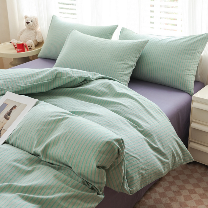 91家纺网 家纺一手货源 找家纺 柠萌家居 2026新款色织水洗棉四件套单被套 绿紫条