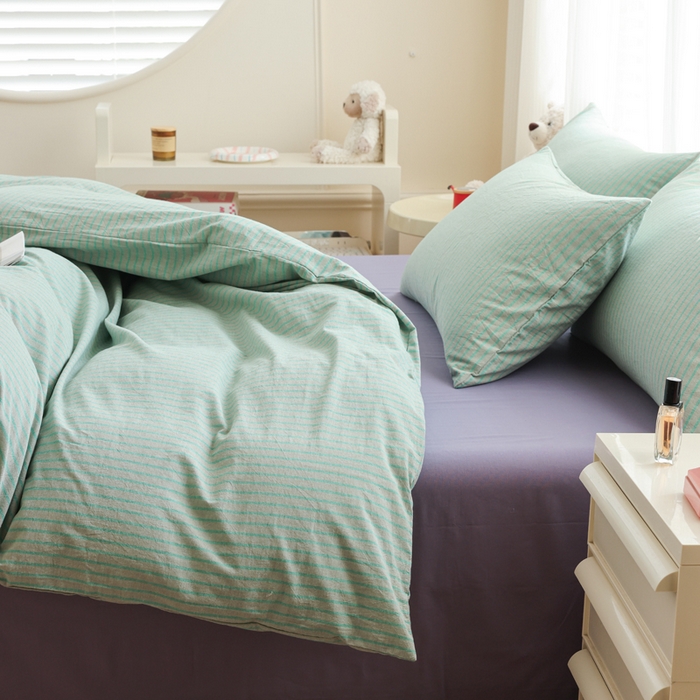 91家纺网 家纺一手货源 找家纺 柠萌家居 2026新款色织水洗棉四件套单被套 绿紫条