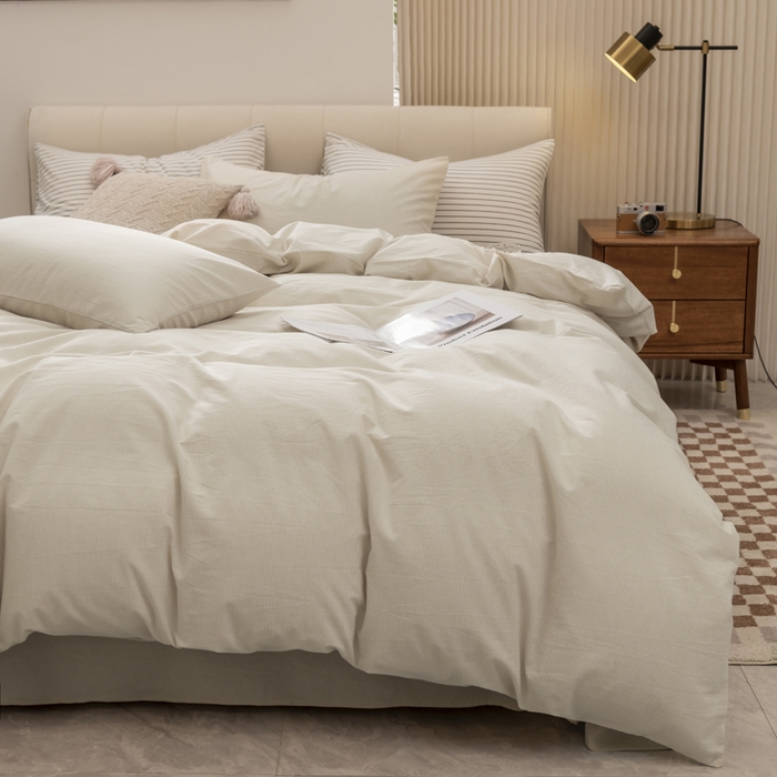 91家纺网 家纺一手货源 找家纺 柠萌家居 2026新款色织水洗棉四件套单被套 米极细条