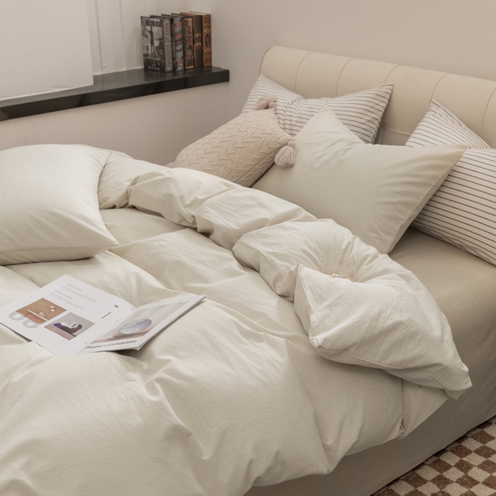 91家纺网 家纺一手货源 找家纺 柠萌家居 2026新款色织水洗棉四件套单被套 米极细条