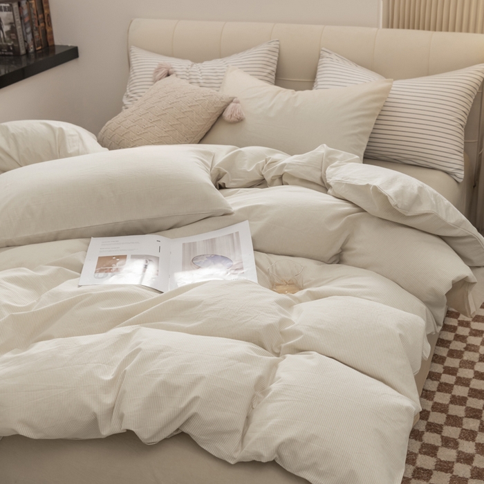 91家纺网 家纺一手货源 找家纺 柠萌家居 2026新款色织水洗棉四件套单被套 米极细条