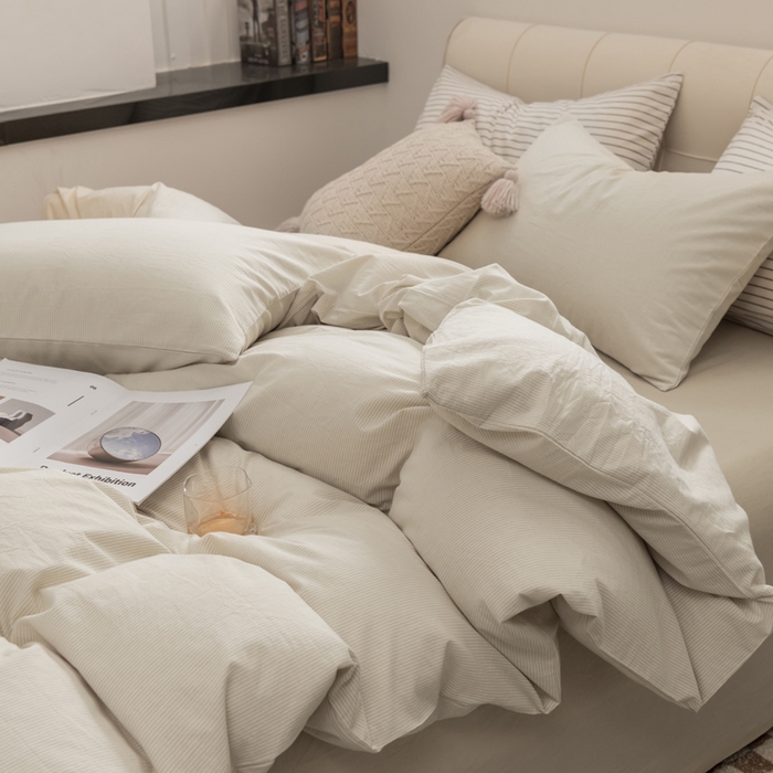 91家纺网 家纺一手货源 找家纺 柠萌家居 2026新款色织水洗棉四件套单被套 米极细条