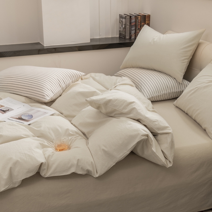 91家纺网 家纺一手货源 找家纺 柠萌家居 2026新款色织水洗棉四件套单被套 米极细条