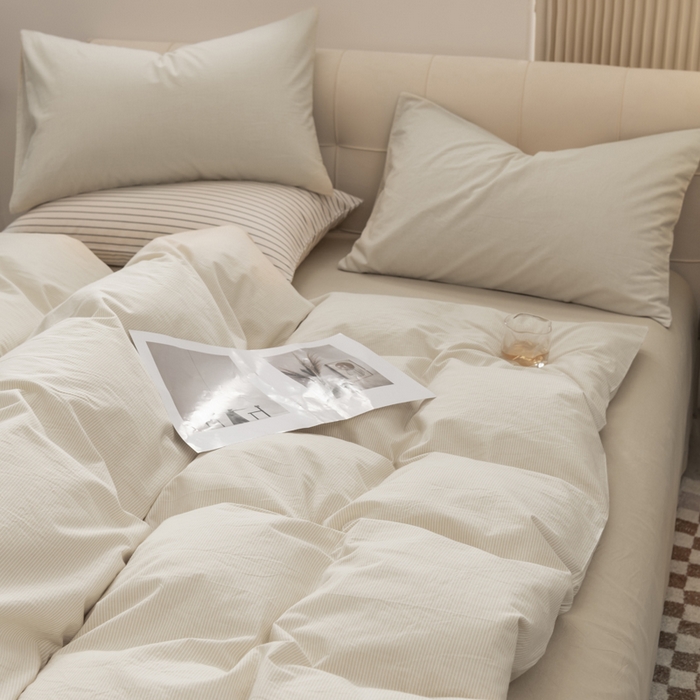 91家纺网 家纺一手货源 找家纺 柠萌家居 2026新款色织水洗棉四件套单被套 米极细条